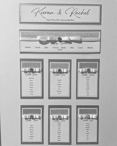 wedding seating plan silver and white sparkly with diamantes